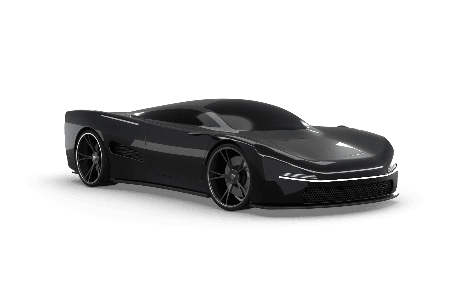 Fictional AURELION Vela hypercar in Noir, front three-quarter view. 3D render.