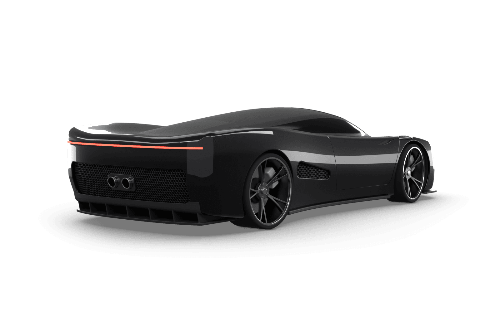 Fictional AURELION Vela hypercar in Noir, rear three-quarter view. 3D render.