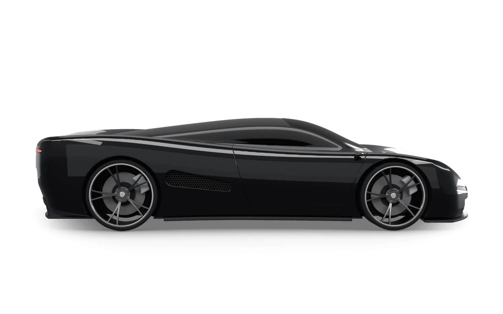 Fictional AURELION Vela hypercar in Noir, profile view. 3D render.